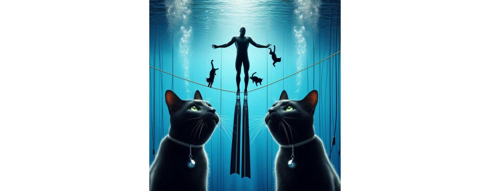 KI, Freediver mit Tauchflaschen und schwarze Katzen