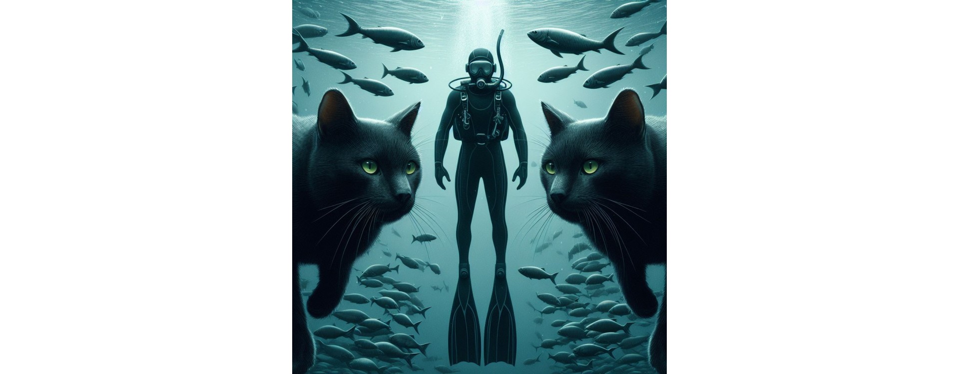 KI, Freediver mit Tauchflaschen und schwarze Katzen