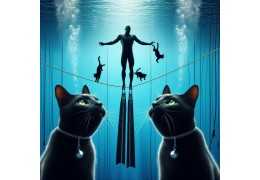 KI, Freediver mit Tauchflaschen und schwarze Katzen