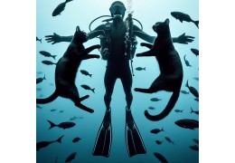 KI, Freediver mit Tauchflaschen und schwarze Katzen